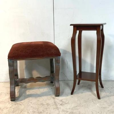 Upholstered Shabby Chic Stool & Bombay Plant Stand 