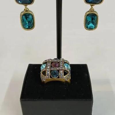 Heidi Daus Checkboard Ring sz 8.75 & Earring Set