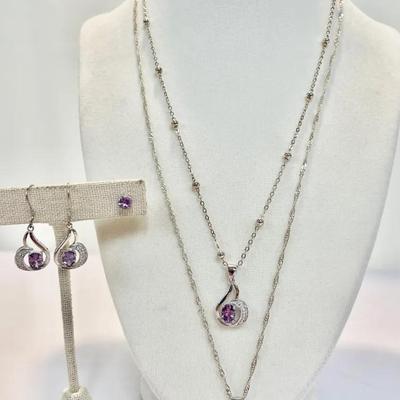 Sterling And Amethyst Matching Necklaces W/ Earrings 