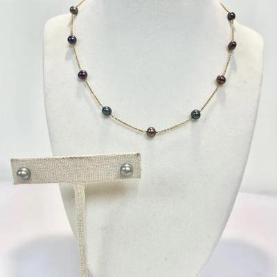 14K Gold Floating Tahitian Pearl Necklace And Earrings (5g)