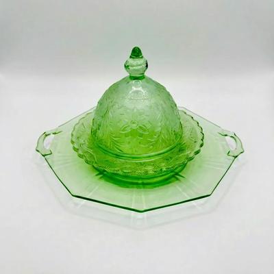 Green Depression Glass Platter & Tiara Glass Domed Butter Dish