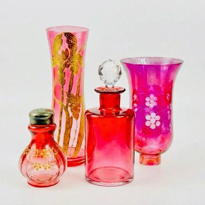 Victorian / Art Nouveau Hand-painted & Hand-blown Cranberry glass collectibles 