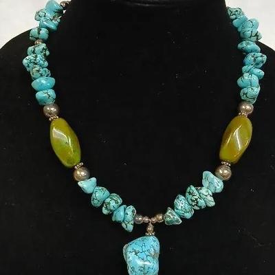 19" Unakite - Epidote-Turqoise and Hemitite-Sterling Necklace