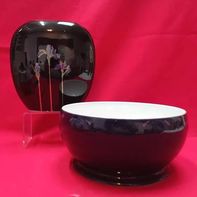 Denby “Baroque” Stoneware Bowl & Otagiri Black Lacquer Floral Vase