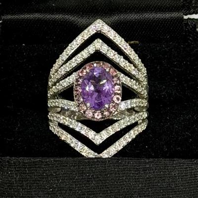 Judith Ripka Sterling Amethyst & CZ Ring, sz 8