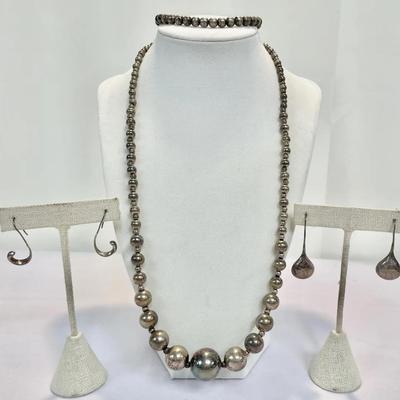 Vintage Sterling Etched Puffed Teardrop Earrings, Graduated Bead Necklace And More 