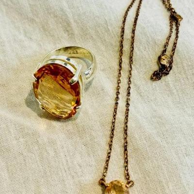 Sterling Citrine Rings sz 3.5 & 4 + Knotted Sterling Citrine Necklace 