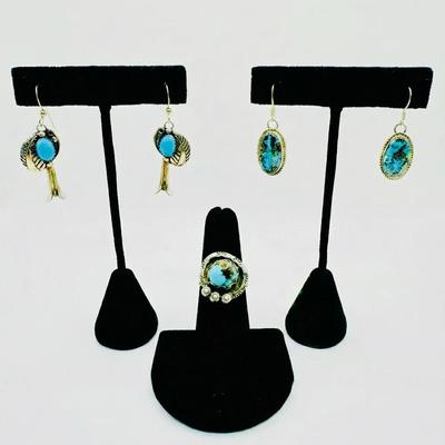 Sterling Native American Turquoise Earrings 2 Pairs + Turquoise Ring sz 5.9