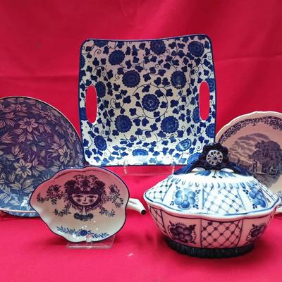 Mixed Blue & White Porcelain Serving Lot — Gzhel, Seito & More