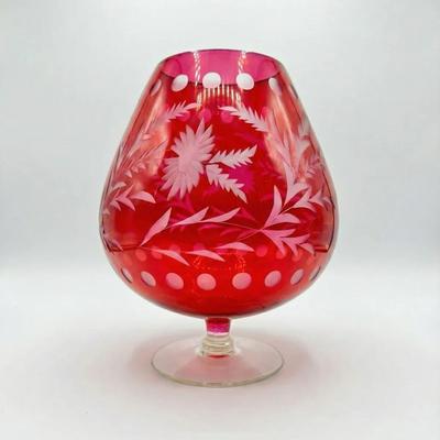 vintage XLG cranberry etched footed brandy snifter