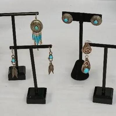 4 Pair Of Sterling Earrings w Turquoise 