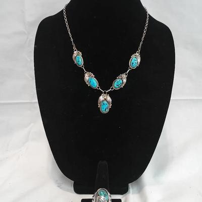 Sterling Silver Turquoise Jewelry Set — Necklace & Statement Ring