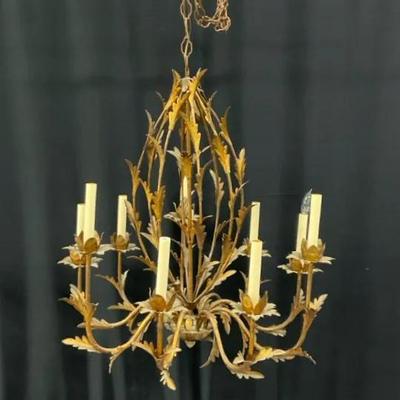 Italian Tole Style Gilded Leaves Chandelier 