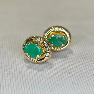 14K Gold Emerald Stud Earrings (1g) .5” 