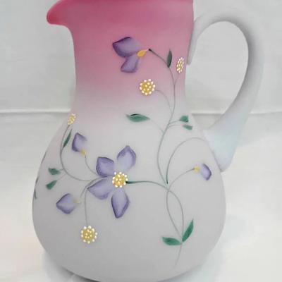 Signed Hand-Painted Frosted Glass Floral Pitcher (Pink/Lavender)