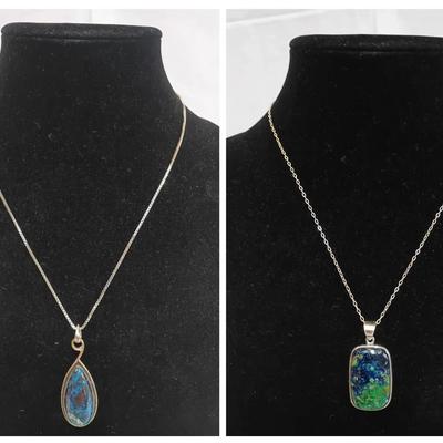 Sterling Silver Stone Pendant Necklace Pair — Azurite/Malachite & Teardrop Turquoise