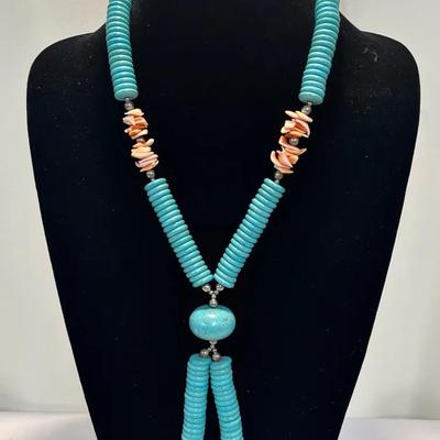Santo Domingo Turquoise Disc W/ Spiny Oyster Shell And Coral Accents Necklace 