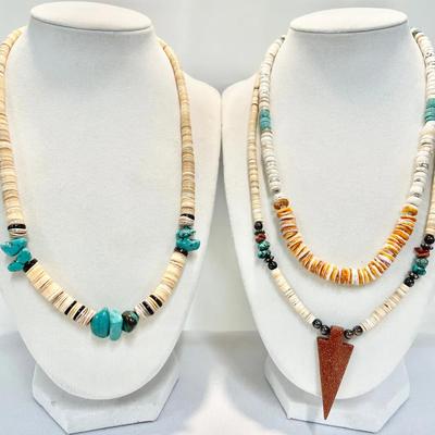 Native American Necklace Trio W/ Spiny Oyster Shell, Heishi Brad And Goldstone Arrowhead sz 19”-21”