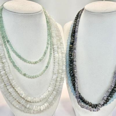 Multistrand Moonstone, Labradorite, Iolite, Aquamarine And Aventurine Bead Necklaces