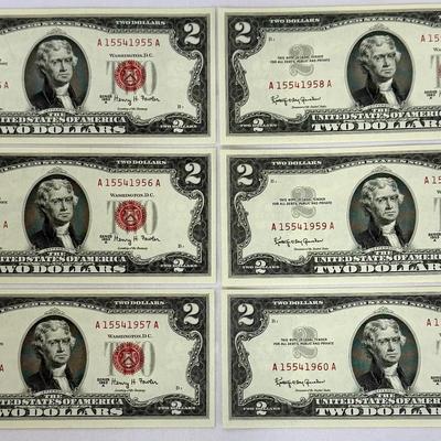 Six (6) Consecutive 1963 $2 Red Seal United States Notes – Uncirculated
