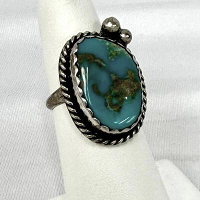 Vintage Sterling Silver Turquoise Ring – Large Natural Matrix Cabochon, sz 6-6.25