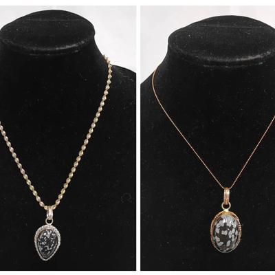 Pair of Sterling Silver Snowflake Obsidian Pendant Necklaces