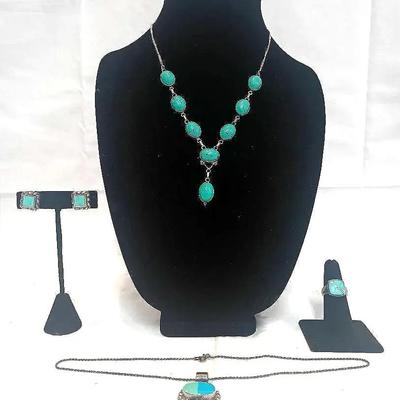Sterling Silver Turquoise Jewelry Group — Necklace Pair sz 18” &19.5”, Ring sz 6.5 & Earrings