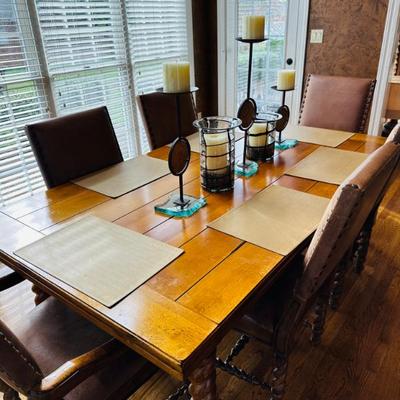 Gorgeous harvest/rustic-yet-elegant table with six leather chairs 