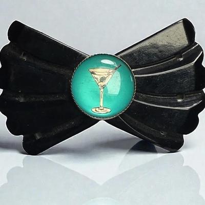Black bow tie pin with martini glass center stone