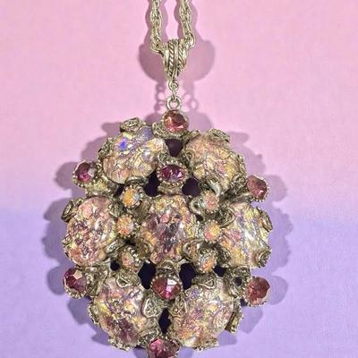 Hollycraft opalescent art glass pink rhinestone pendant necklace