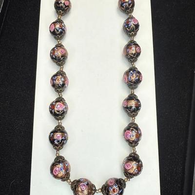 Vintage venetian floral black glass beaded necklace