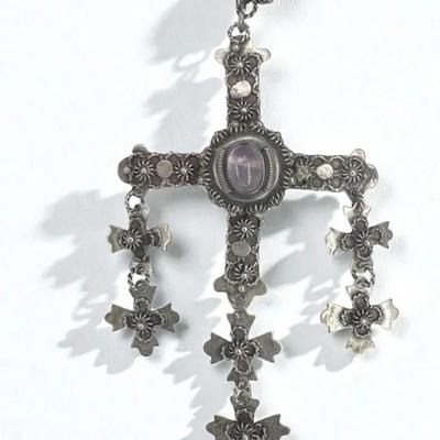 Taxco sterling cross pendant with center stone