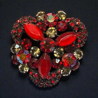 Red satin rhinestone aurora borealis brooch