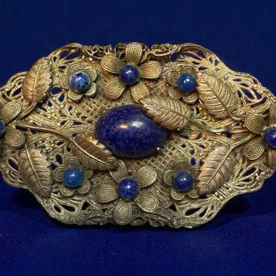 Vintage floral brooch with lapis color stones
