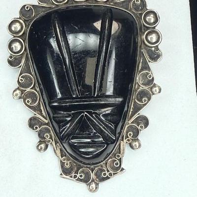 Vintage mexican sterling black onyx mask brooch
