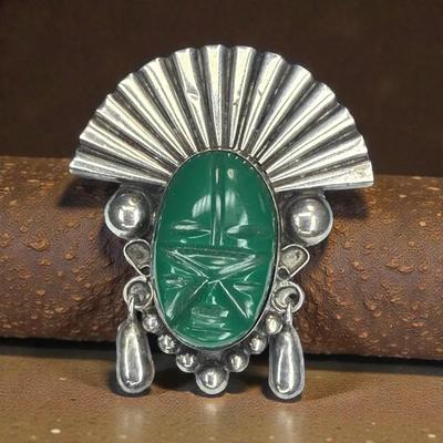 Mexico silver carved green onyx warrior mask
