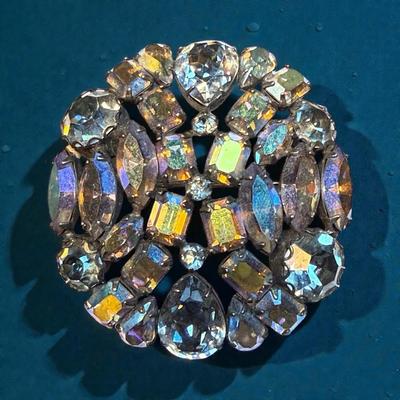 Blue aurora borealis rhinestone brooch