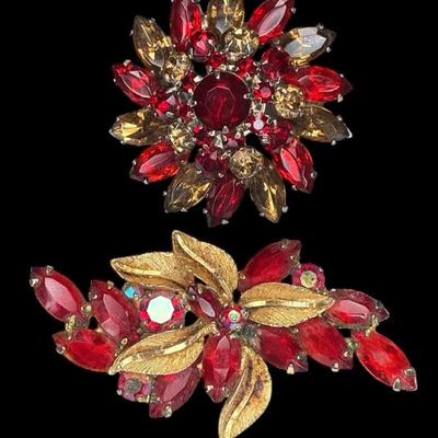 Vintage red and gold tone rhinestone brooches