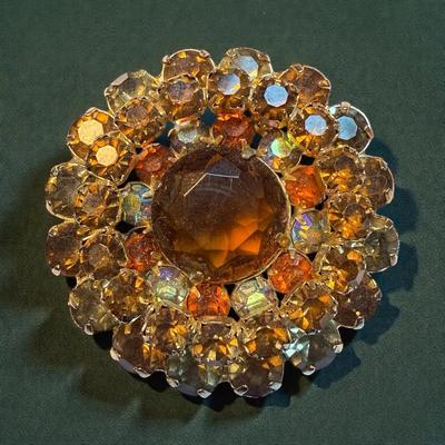 Amber rhinestone flower brooch
