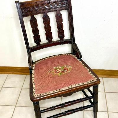 Antique Hand Carved Solid Wood Chair With Needlepoint Cushion