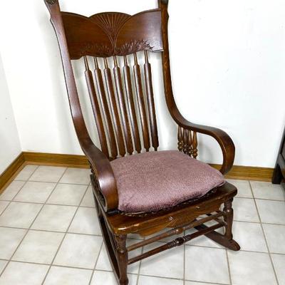 Antique Carved Back Rocker With Cushion 