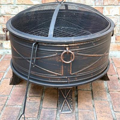 26" Round Steel Fire Pit with Bronze Finish - Includes Screen and Poker - New