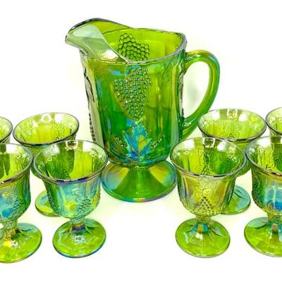 Vintage Indiana Green Carnival Glass Pitcher and 6 Goblets