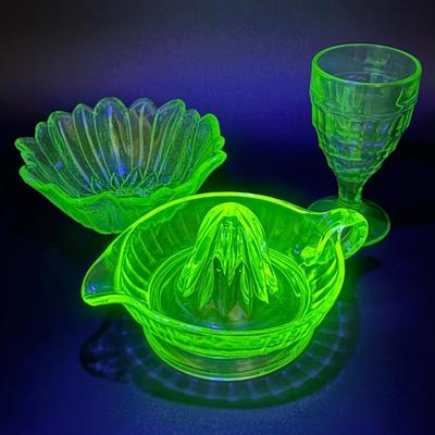 3 Piece Uranium Glass Lot Including Juice Reamer