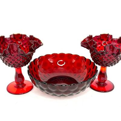 Vintage Fenton Ruby Red Hobnail Goblets and Anchor Hocking Bubble Bowl