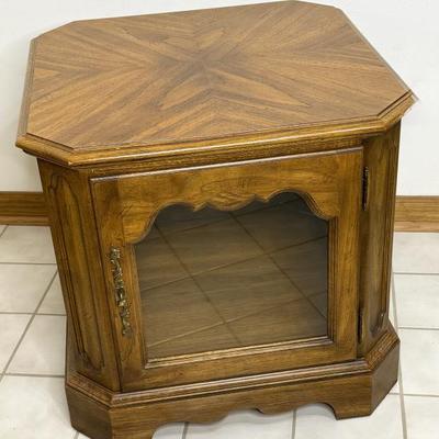 Square Wooden Nightstand with Glass Panes and Lighted Interior 