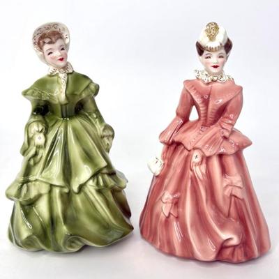 1950's Set of 2 Green and Pink Victorian Inspired Figurines by Florence Ceramics 