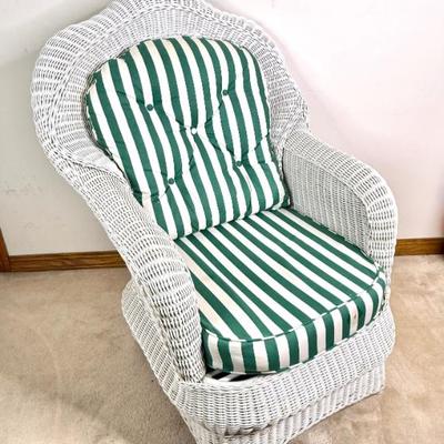 White Wicker Chair with Green And White Striped Cushions 