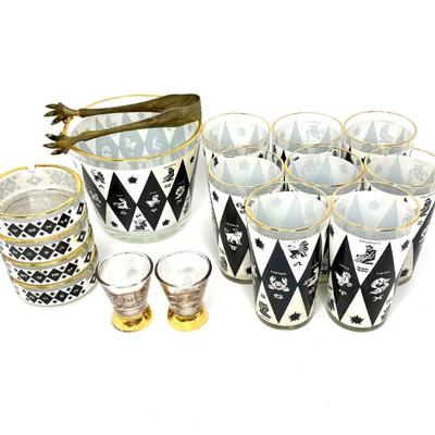 MCM Jeanette Glass Harlequin Zodiac Set - Glasses, Ice Bucket, Ashtrays 