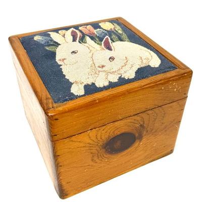 Hand Made Solid Wood Treasure Box with Needlepoint Bunnies on Top 
